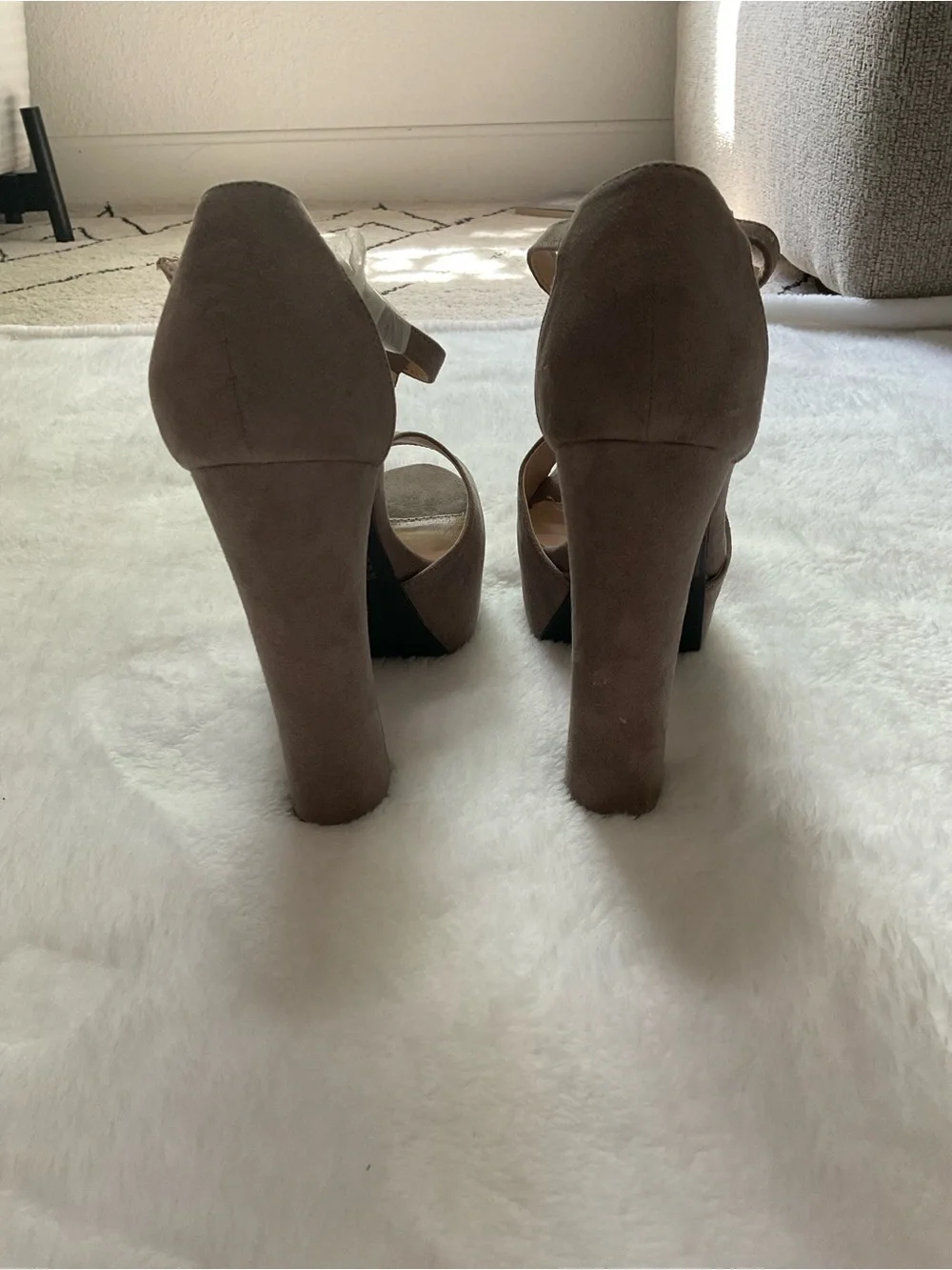 Qupid Taupe Suede Platform T-Strap Block Heels